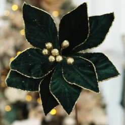 Emerald Poinsettia Flower Stem with Gold Glitter Edge Christmas Flowers|