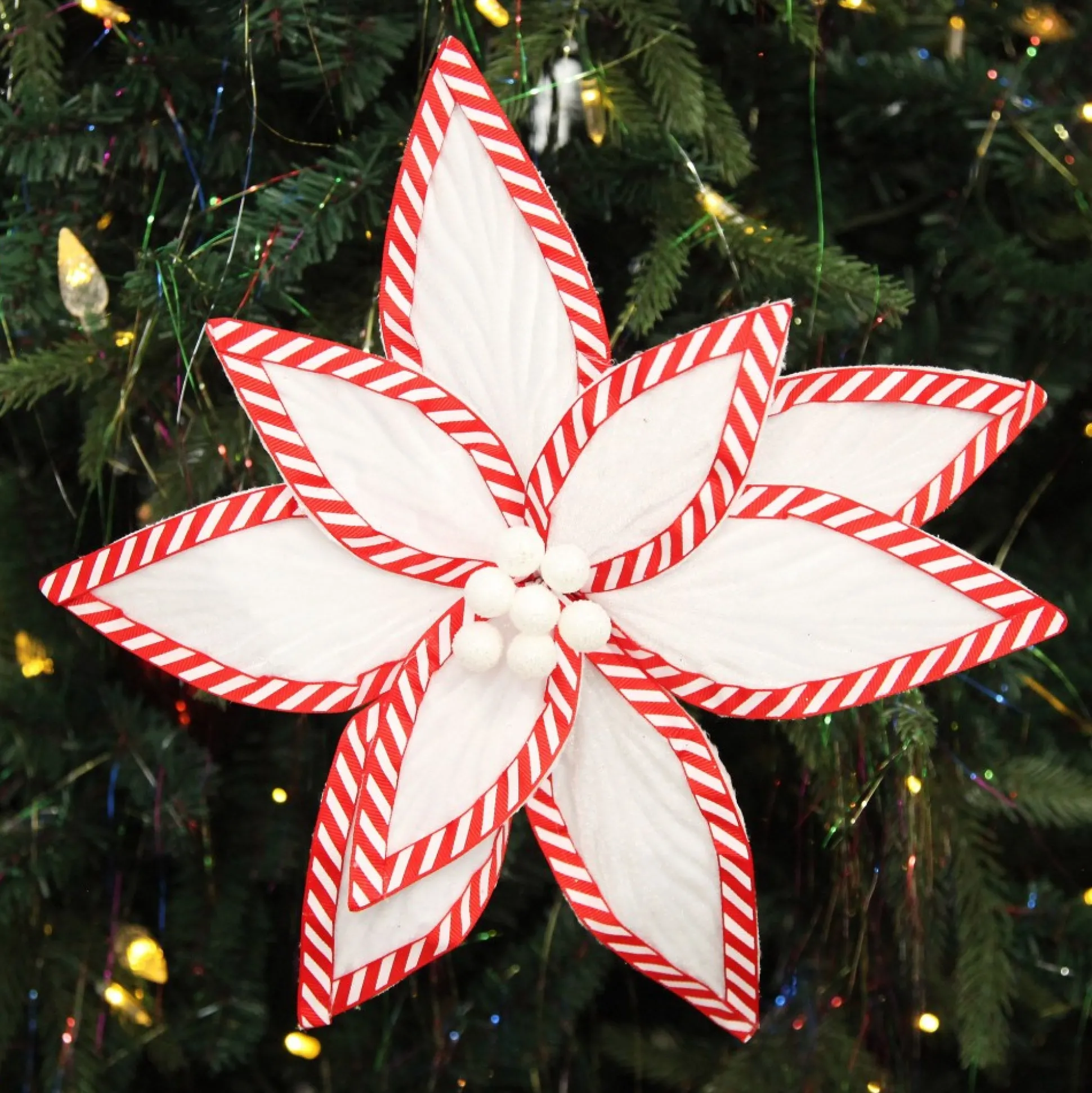 Festive White Flower Stem with Striped Edge Christmas Flowers|