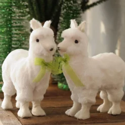 Fluffy White Llama with Green Bow Christmas Birds And Animals|