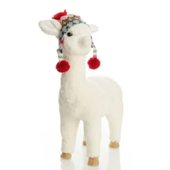 Fluffy White Llama with Hat - Standing Christmas Birds And Animals|