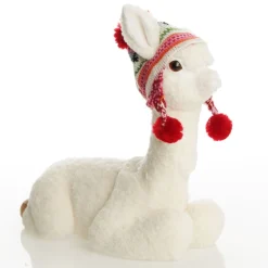 Fluffy White Llama with Hat - Sitting Christmas Birds And Animals|