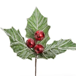 Frosted Green Holly Leaf Stem with Red Berries Christmas Flowers|