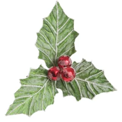 Frosted Green Holly Leaf Stem with Red Berries Christmas Flowers|