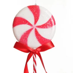 Frosted Red Peppermint Lollipop Tree Decoration - Set of 2 Christmas Tree Decorations|
