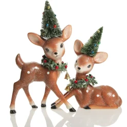 Frosted Retro Bambi Christmas Ornaments with Trees - Set of 2 Christmas Birds And Animals|