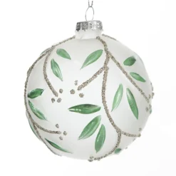 Frosted White Bauble with Green Leaves Decorative Christmas Baubles|