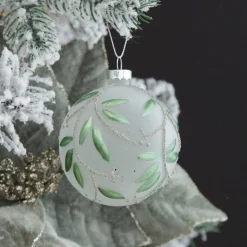 Frosted White Bauble with Green Leaves Decorative Christmas Baubles|