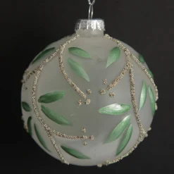 Frosted White Bauble with Green Leaves Decorative Christmas Baubles|