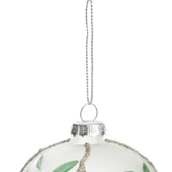 Frosted White Bauble with Green Leaves Decorative Christmas Baubles|
