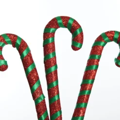 Glittered Green and Red Candy Cane Pick - Pack of 3 Christmas Craft Supplies|