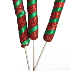 Glittered Green and Red Candy Cane Pick - Pack of 3 Christmas Craft Supplies|
