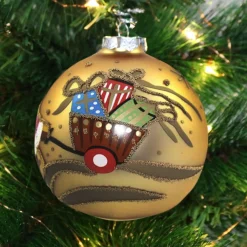 Gold Christmas Bear with Cart Bauble Personalised Baubles|