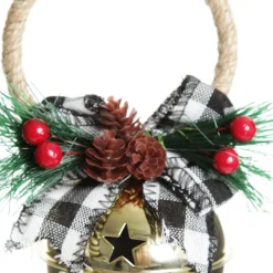 Gold Christmas Bell Door Hanger with Black Buffalo Check Bow Christmas Bells And Bows|