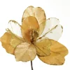 Gold Satin Magnolia Flower Stem with Glitter Trim Christmas Flowers|