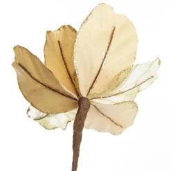 Gold Satin Magnolia Flower Stem with Glitter Trim Christmas Flowers|