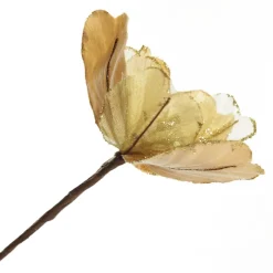 Gold Satin Magnolia Flower Stem with Glitter Trim Christmas Flowers|