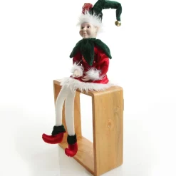 Green and Red Elf Sitting Christmas Ornament Christmas Elves And Fairies|