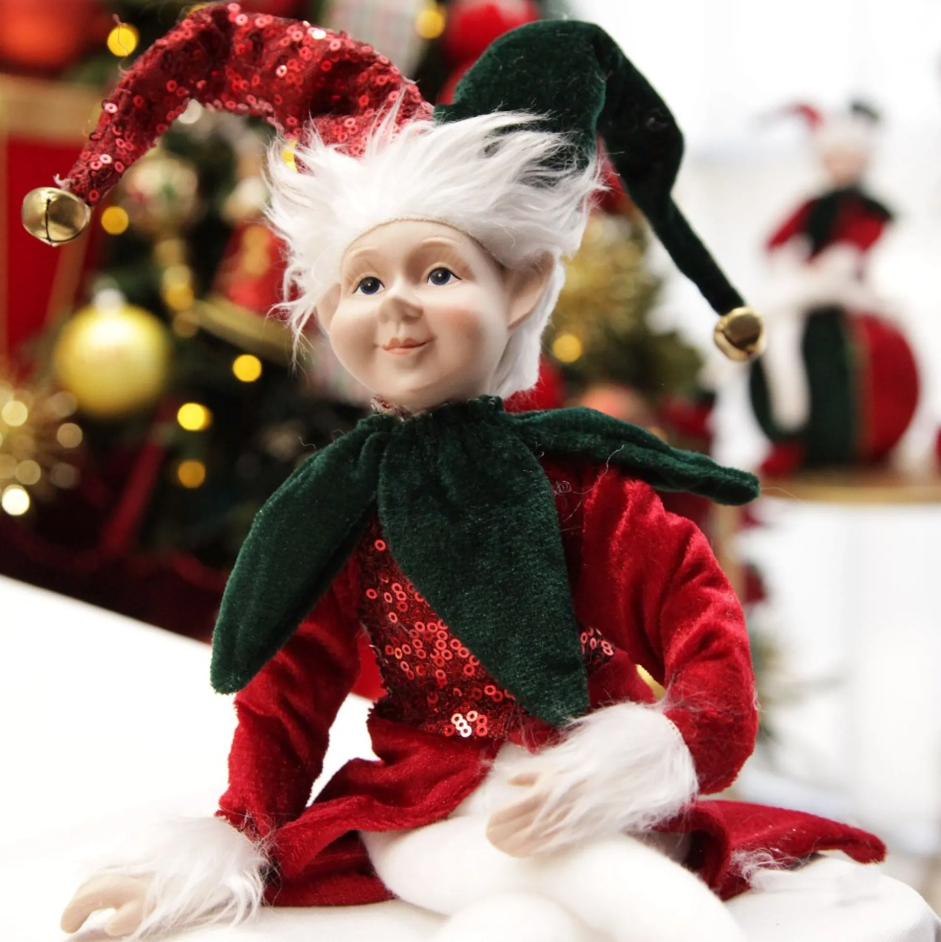 Green and Red Elf Sitting Christmas Ornament Christmas Elves And Fairies|