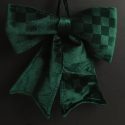 Green Checked Padded Velour Bow Christmas Bells And Bows|