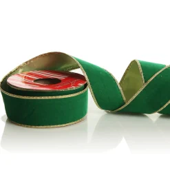 Green Velvet Gold Trim Wired Christmas Ribbon Ribbons|