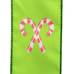 Green with Printed Candy Canes Wired Christmas Ribbon Ribbons|