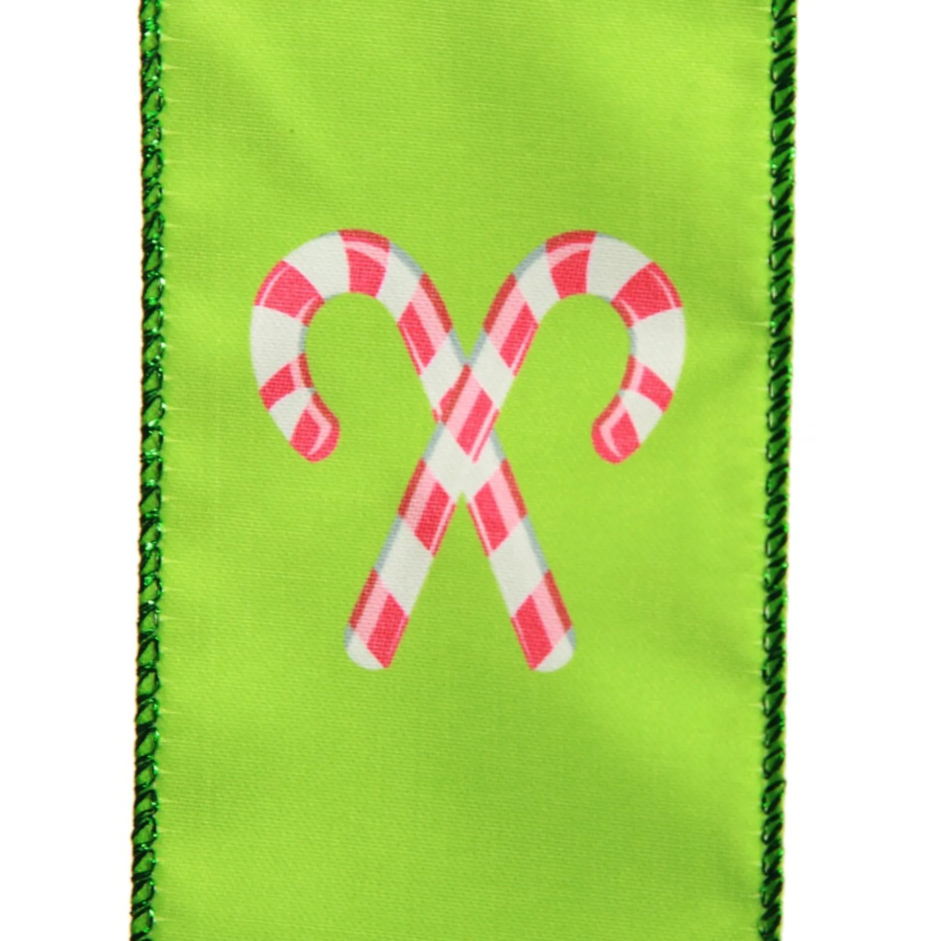 Green with Printed Candy Canes Wired Christmas Ribbon Ribbons|