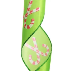 Green with Printed Candy Canes Wired Christmas Ribbon Ribbons|