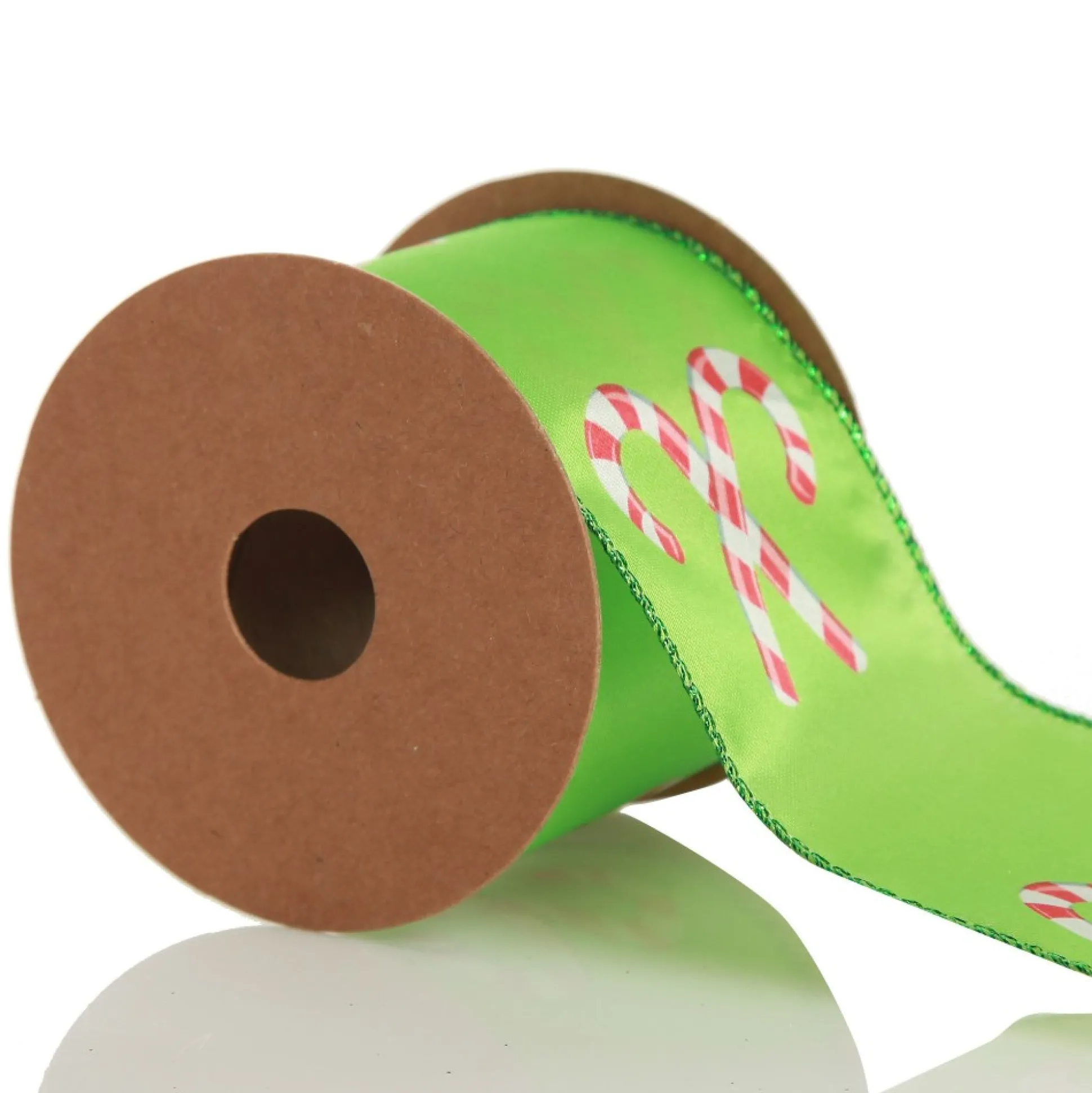 Green with Printed Candy Canes Wired Christmas Ribbon Ribbons|