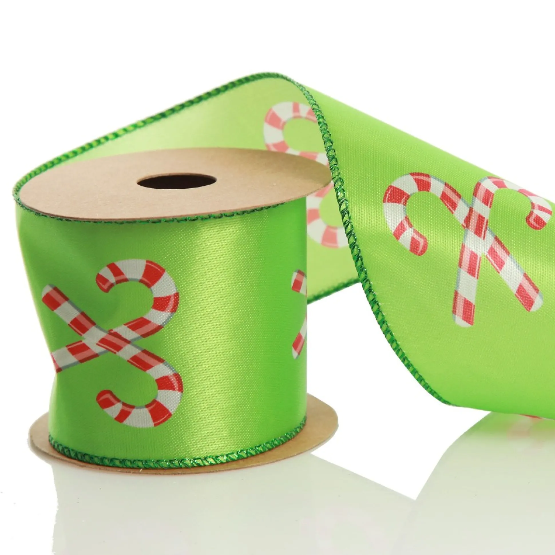Green with Printed Candy Canes Wired Christmas Ribbon Ribbons|