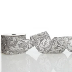 Grey Linen with Silver Glitter Floral Pattern Ribbon Ribbons|
