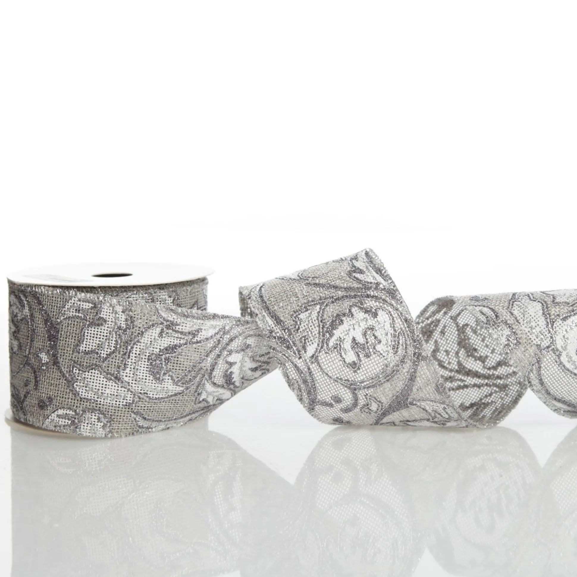 Grey Linen with Silver Glitter Floral Pattern Ribbon Ribbons|