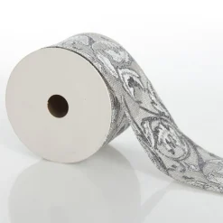 Grey Linen with Silver Glitter Floral Pattern Ribbon Ribbons|