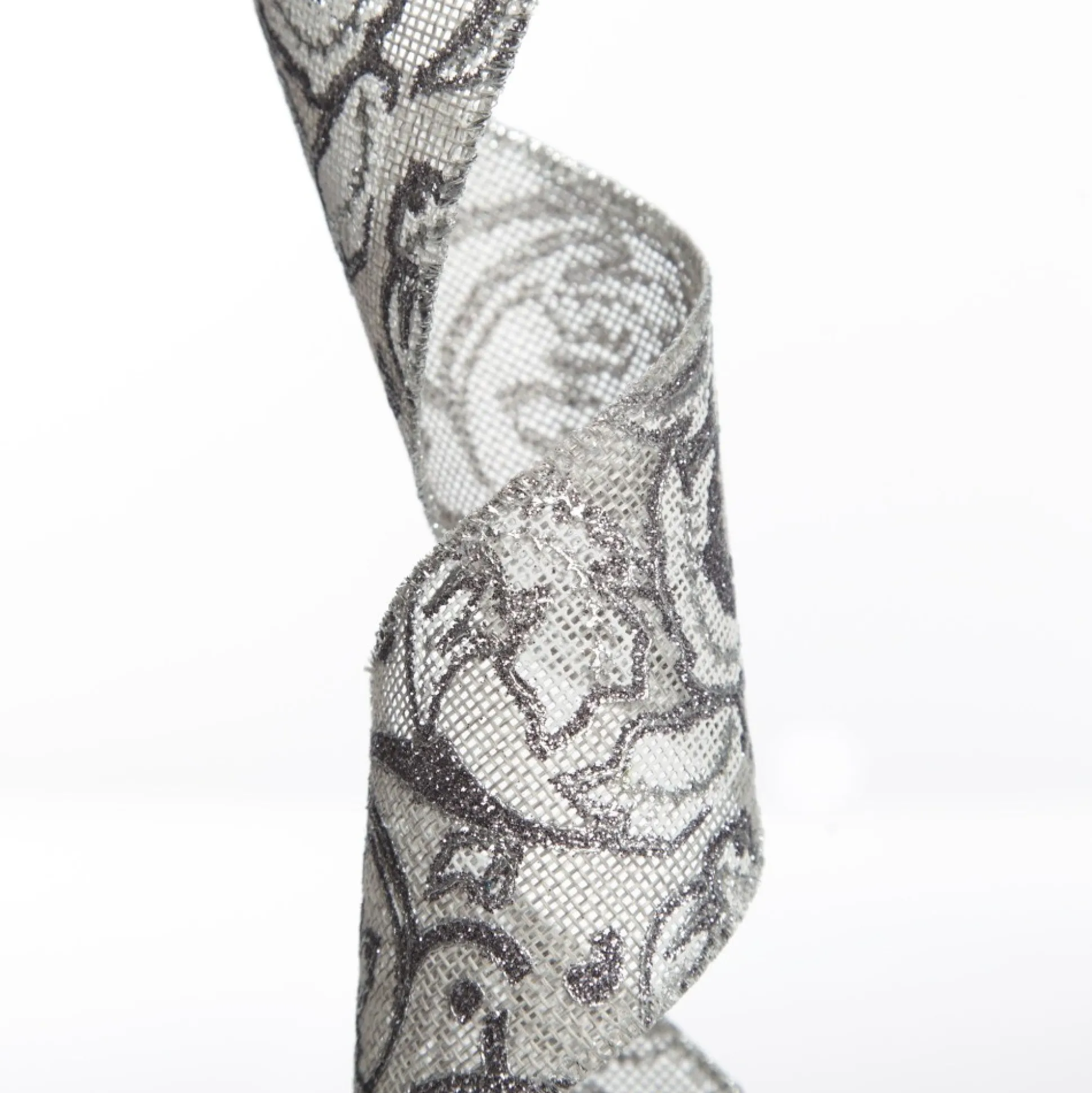 Grey Linen with Silver Glitter Floral Pattern Ribbon Ribbons|