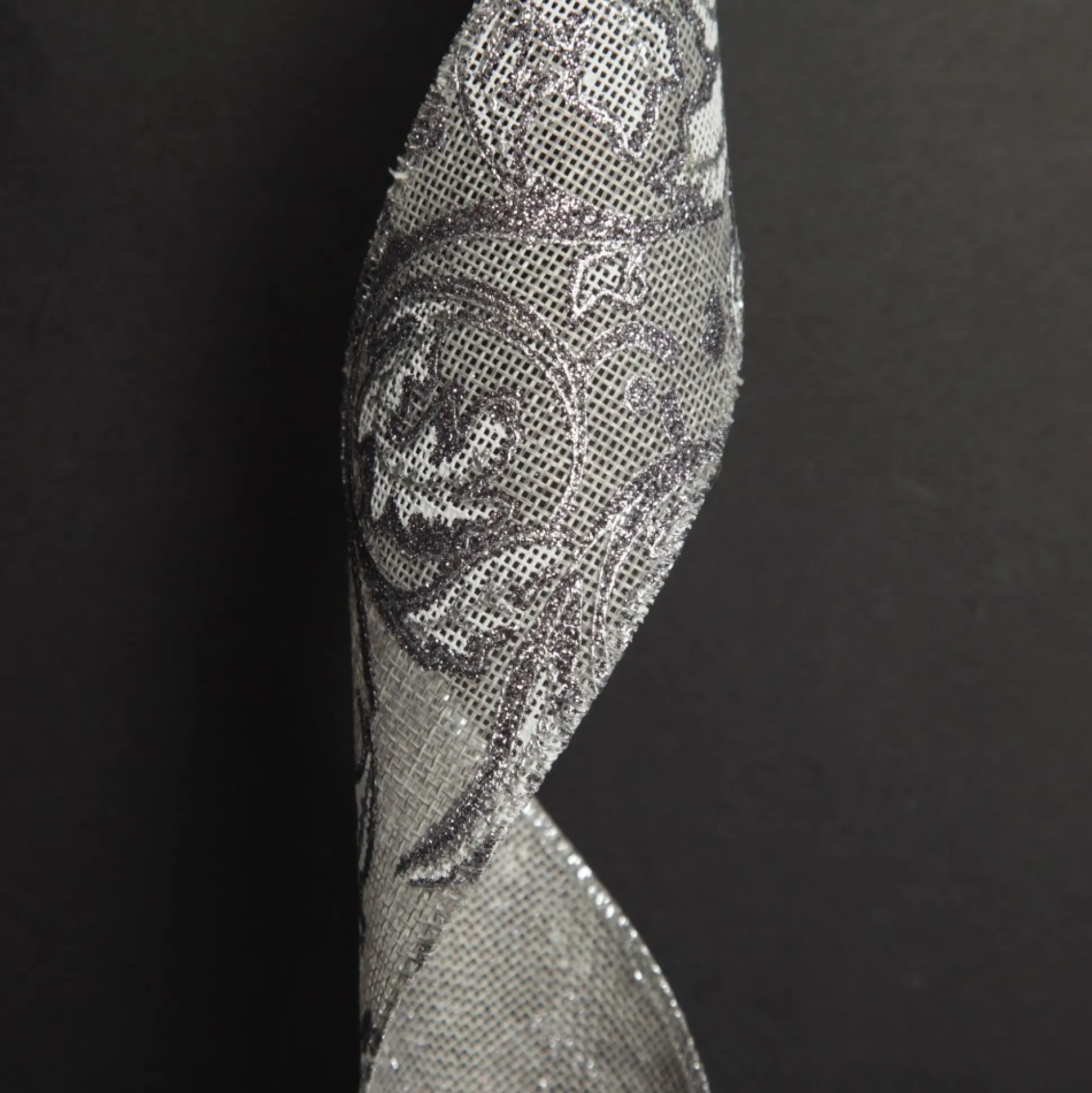Grey Linen with Silver Glitter Floral Pattern Ribbon Ribbons|