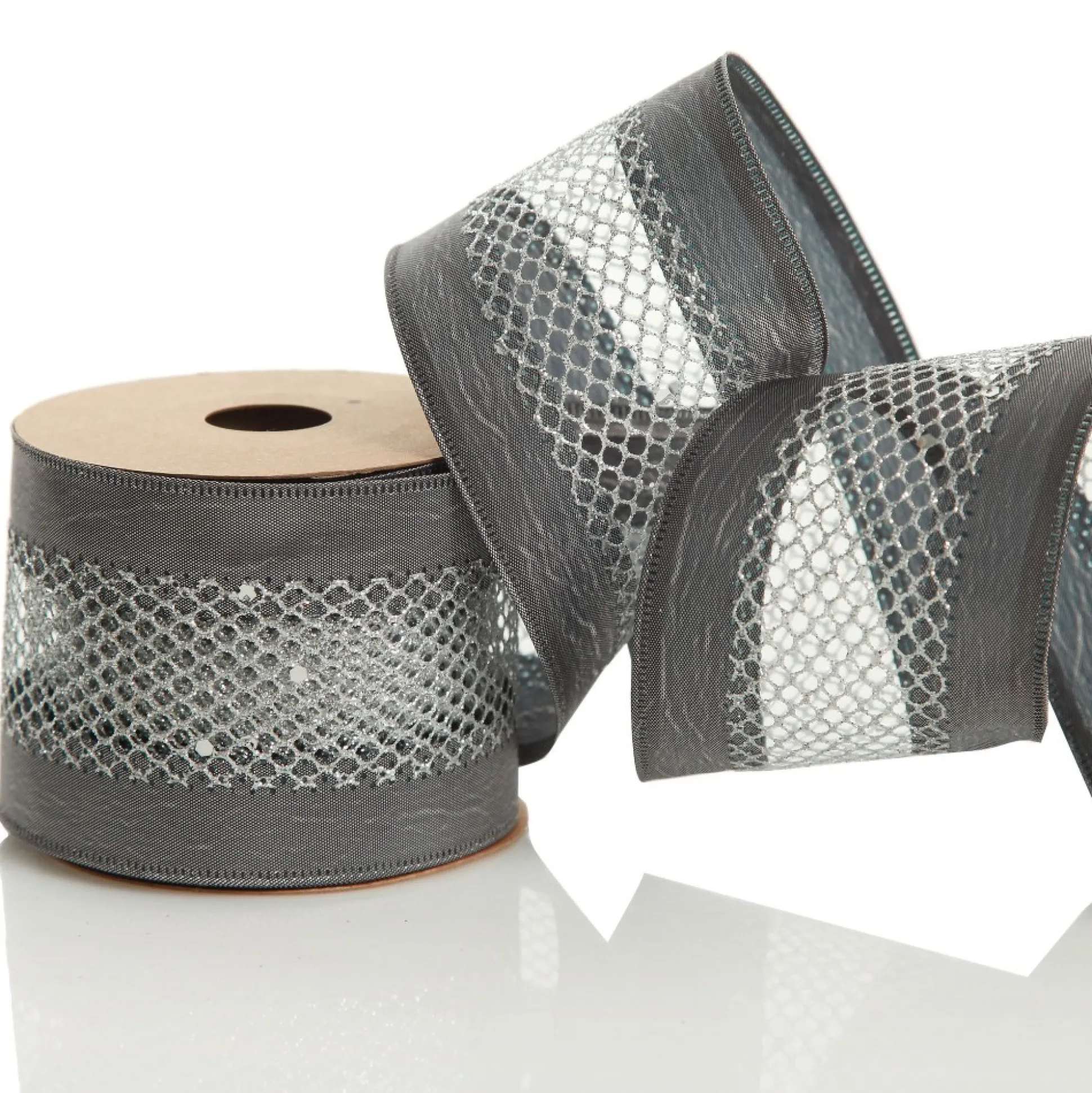 Gunmetal Grey Mesh with Satin Edge Wired Christmas Ribbon Ribbons|