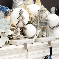 Hollow Raw Silver Reindeer Christmas Stocking Hanger with Quartz Base Stocking Hangers|