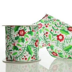 Holly & Berry Flowers Wired Ribbon Tree Garlands|