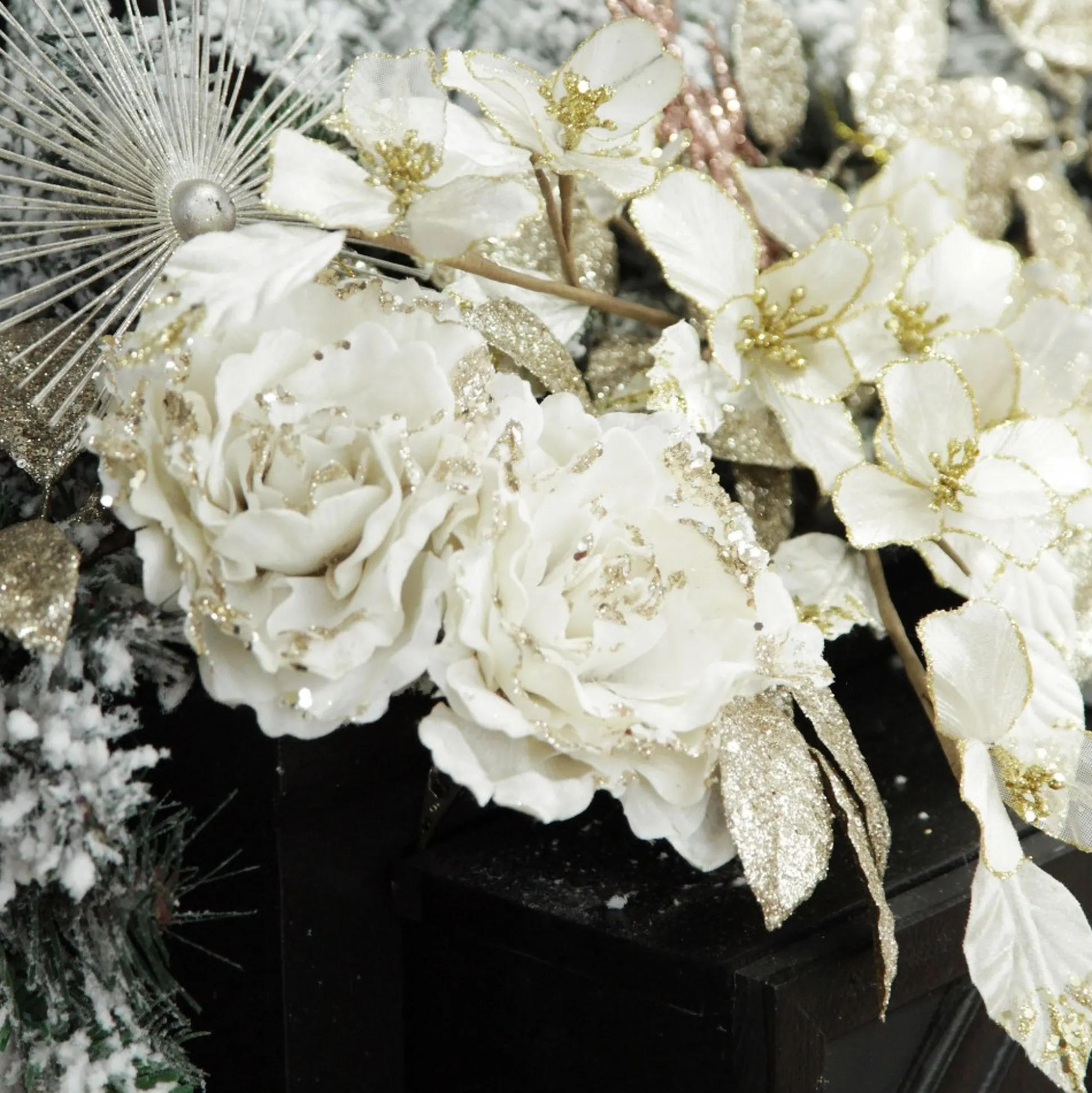 Ivory Flower Blossom Stem with Gold Glitter Christmas Sprays|