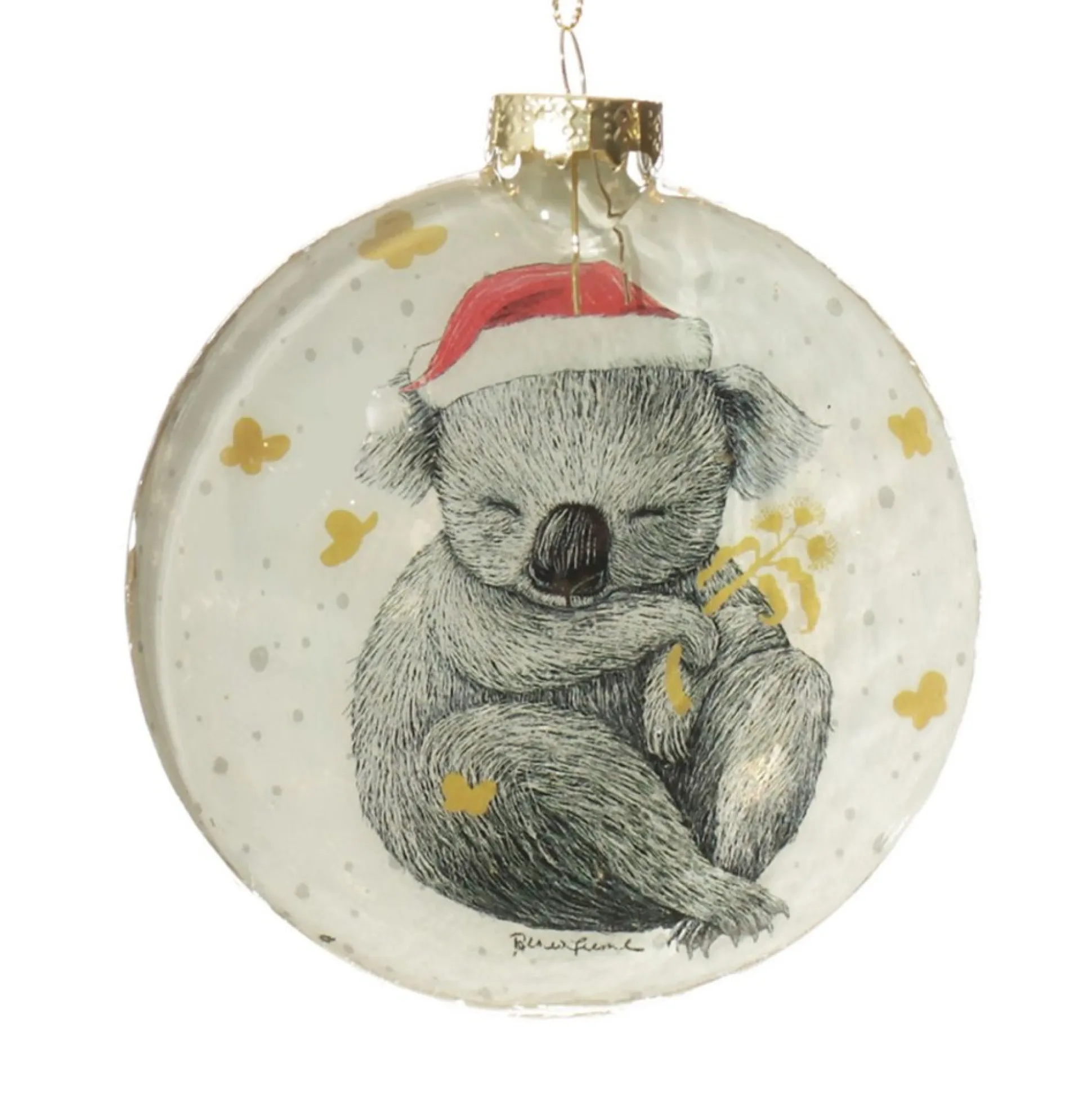 Koala with Santa Hat Glass Disc Glass Hearts And Discs|Koala With Santa Hat Glass Disc