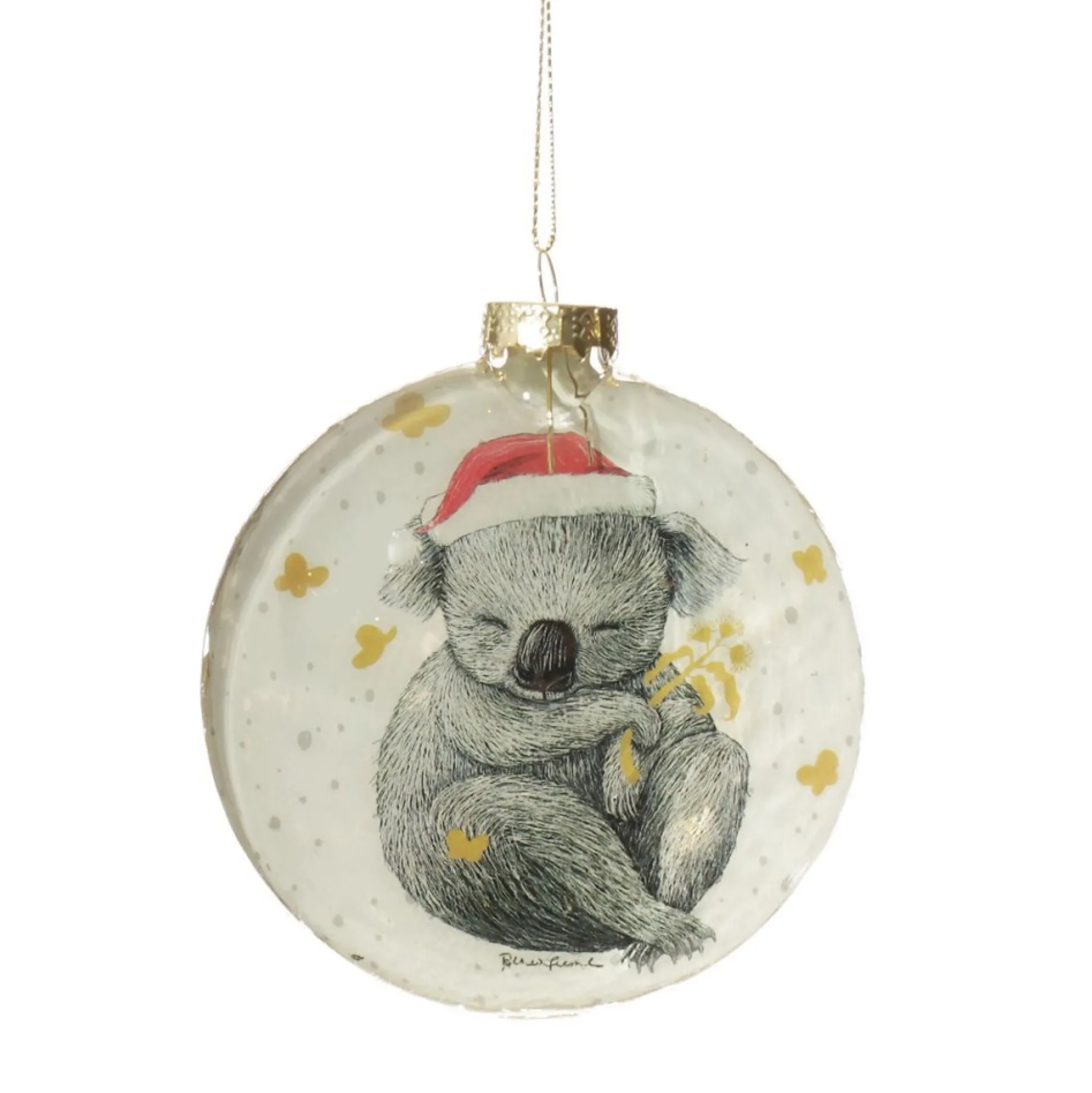 Koala with Santa Hat Glass Disc Glass Hearts And Discs|Koala With Santa Hat Glass Disc