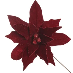 Large Burgundy Poinsettia Flower Stem with Glitter Trim Christmas Flowers|