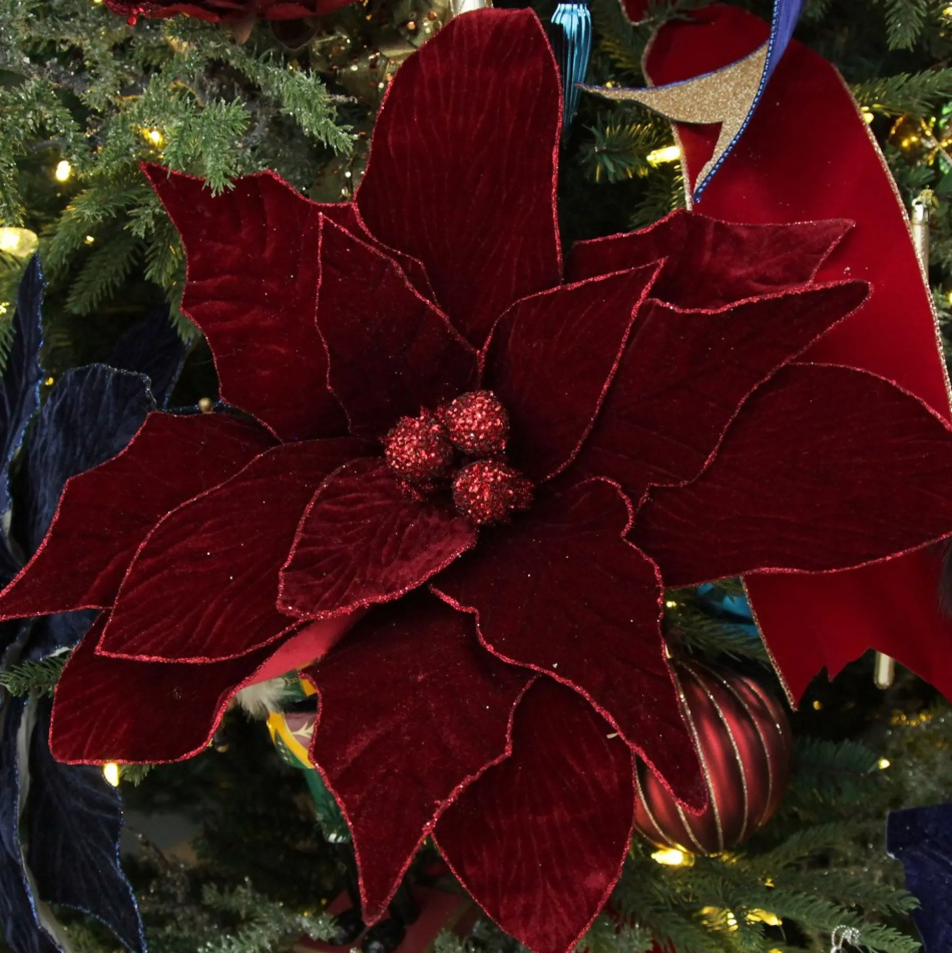 Large Burgundy Poinsettia Flower Stem with Glitter Trim Christmas Flowers|