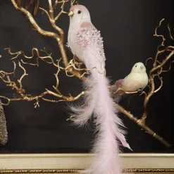 Large Elegant Pink Velvet Bird with Sequins and Feather Tail Butterflies And Birds|