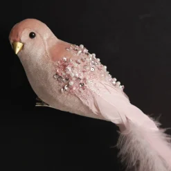 Large Elegant Pink Velvet Bird with Sequins and Feather Tail Butterflies And Birds|