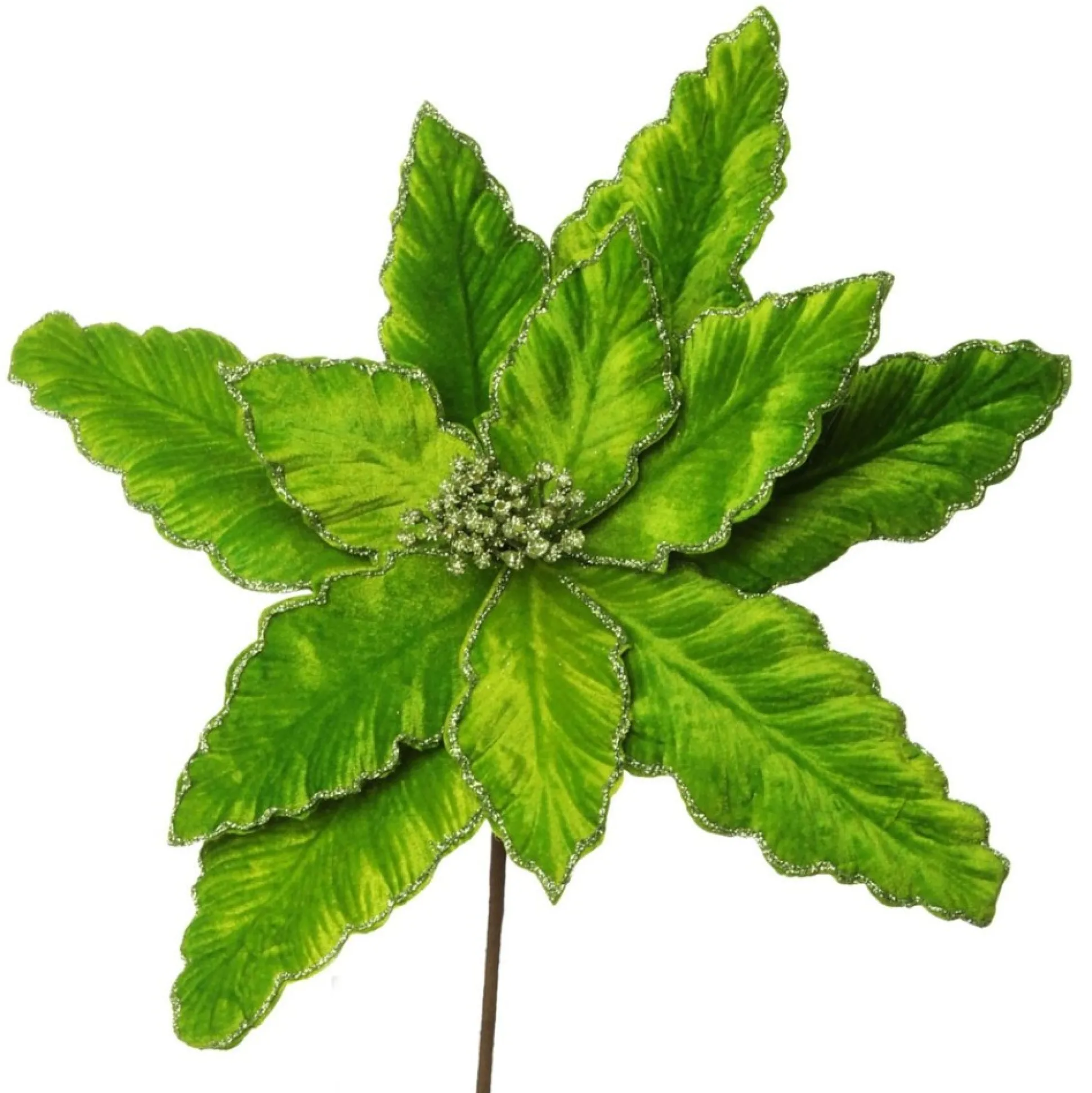 Large Green Poinsettia Flower Pick with Green Glitter Trim Christmas Flowers|