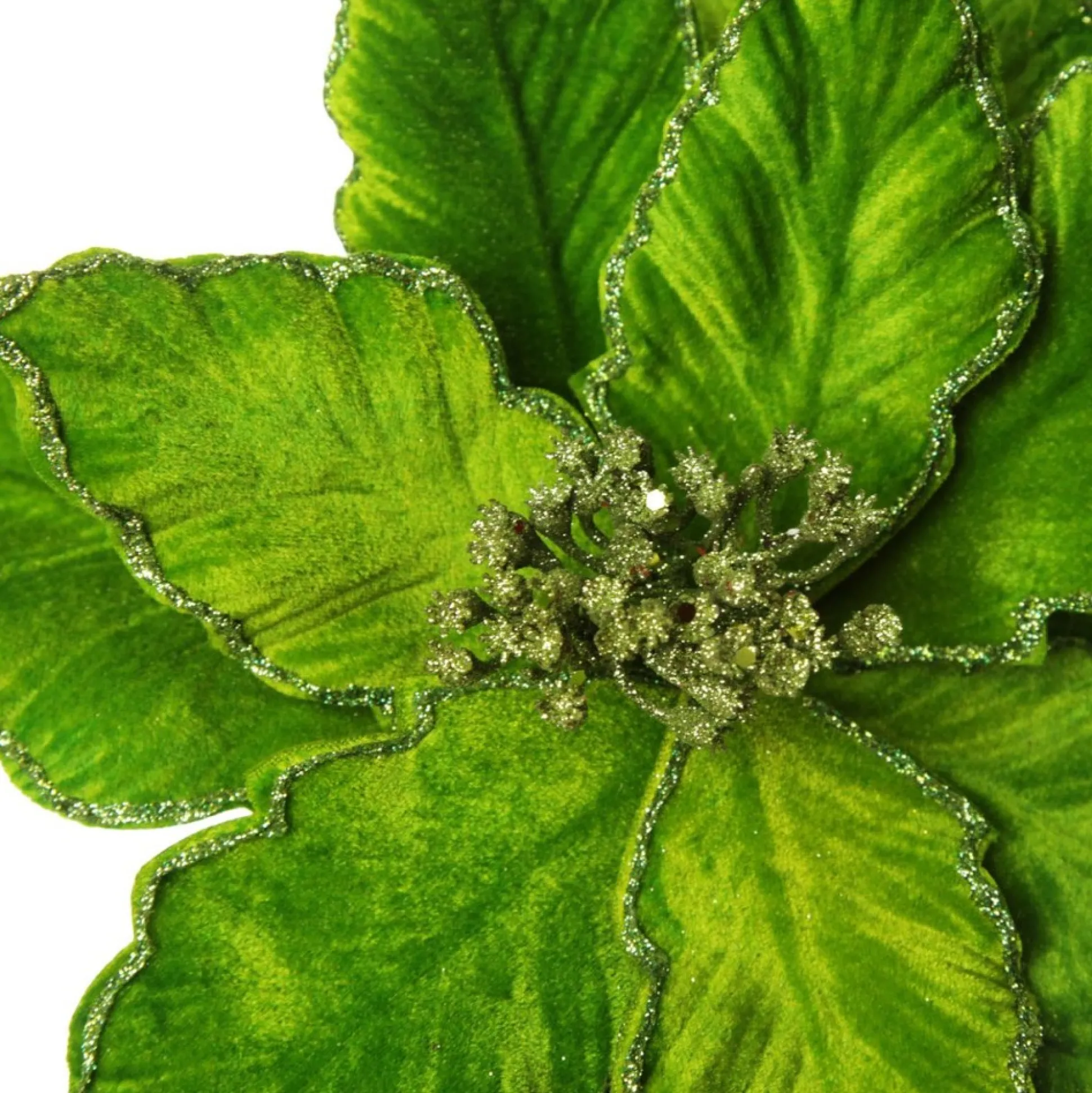 Large Green Poinsettia Flower Pick with Green Glitter Trim Christmas Flowers|