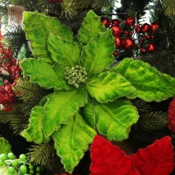 Large Green Poinsettia Flower Pick with Green Glitter Trim Christmas Flowers|