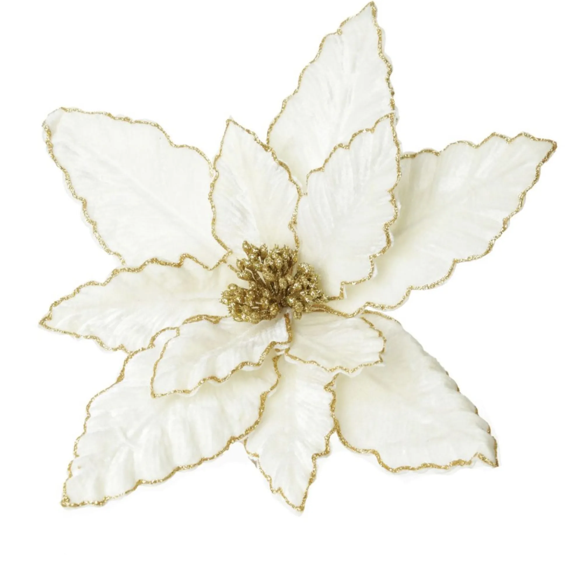Large Ivory Poinsettia Flower Pick with Gold Glitter Trim Christmas Flowers|