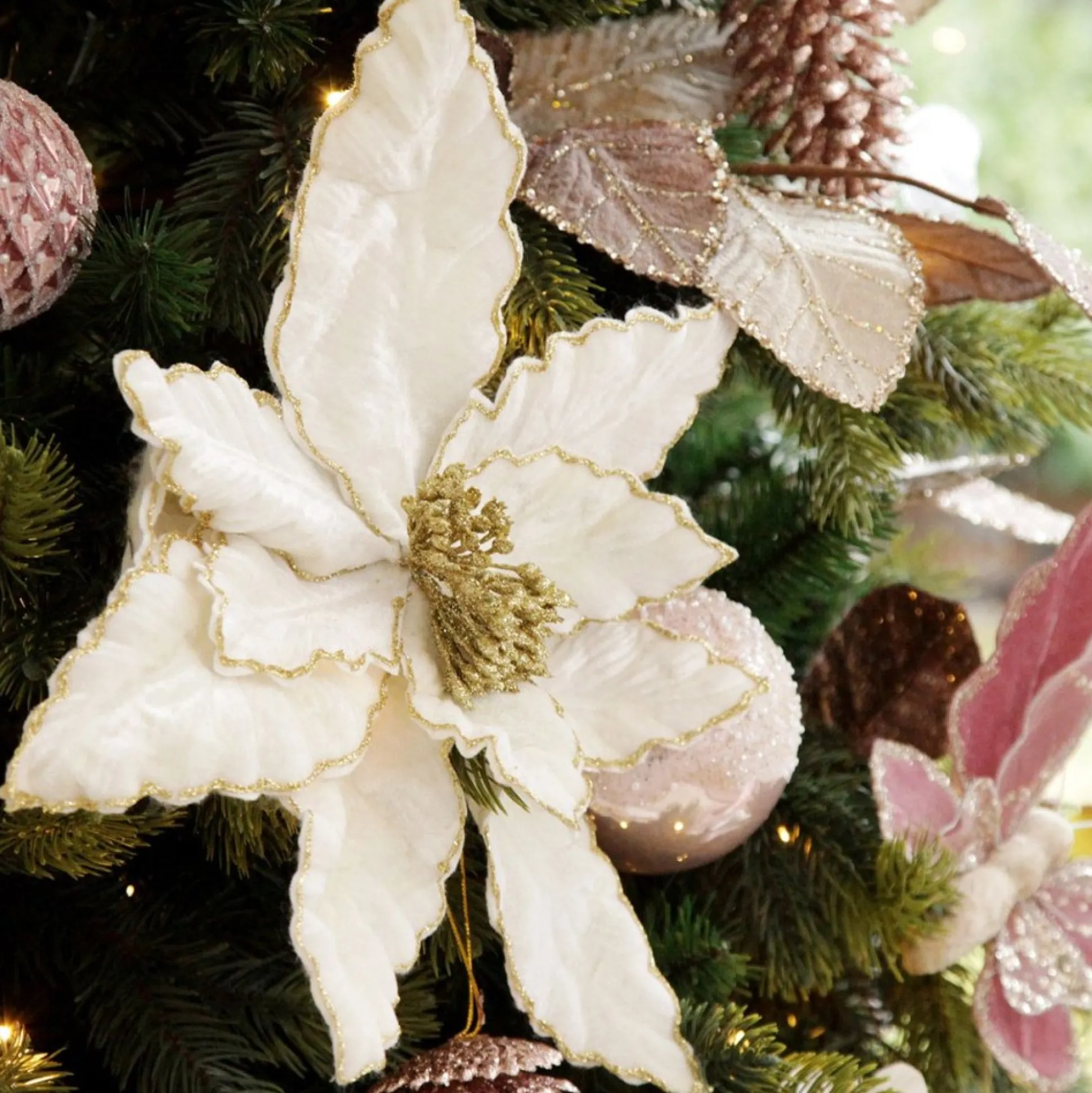 Large Ivory Poinsettia Flower Pick with Gold Glitter Trim Christmas Flowers|