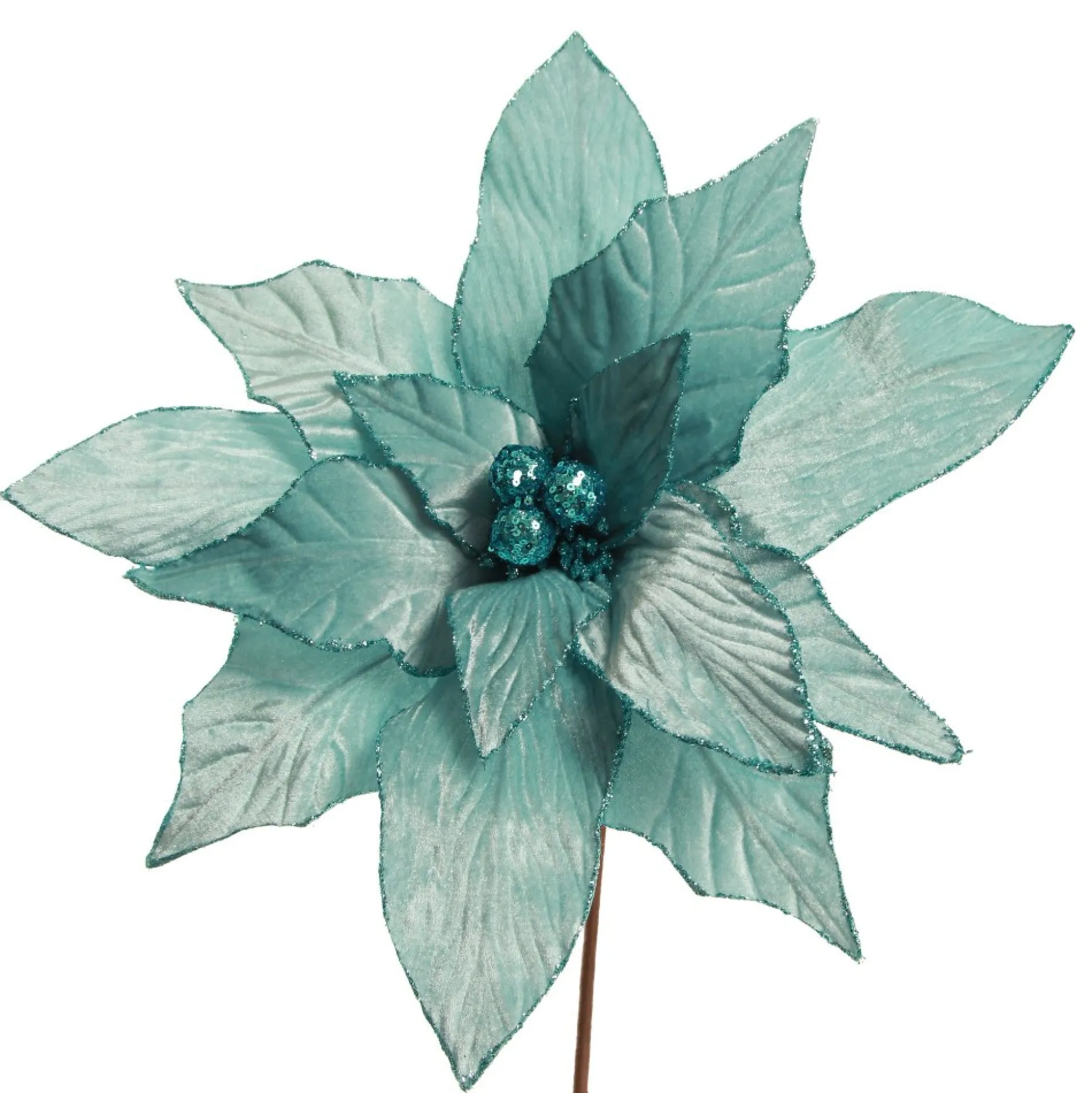 Large Pale Blue Poinsettia Flower Stem with Glitter Trim Christmas Flowers|